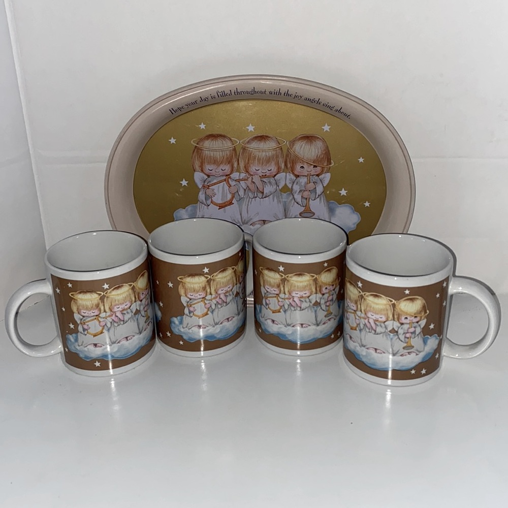 Four Hallmark Musical Angel Mugs Motif With Serving Tray